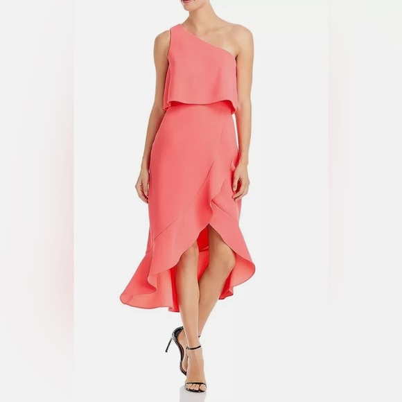 AQUA NWT Womens Coral Crepe Flounce Cocktail One-Shoulder Midi Dress Stretch - Picture 1 of 16